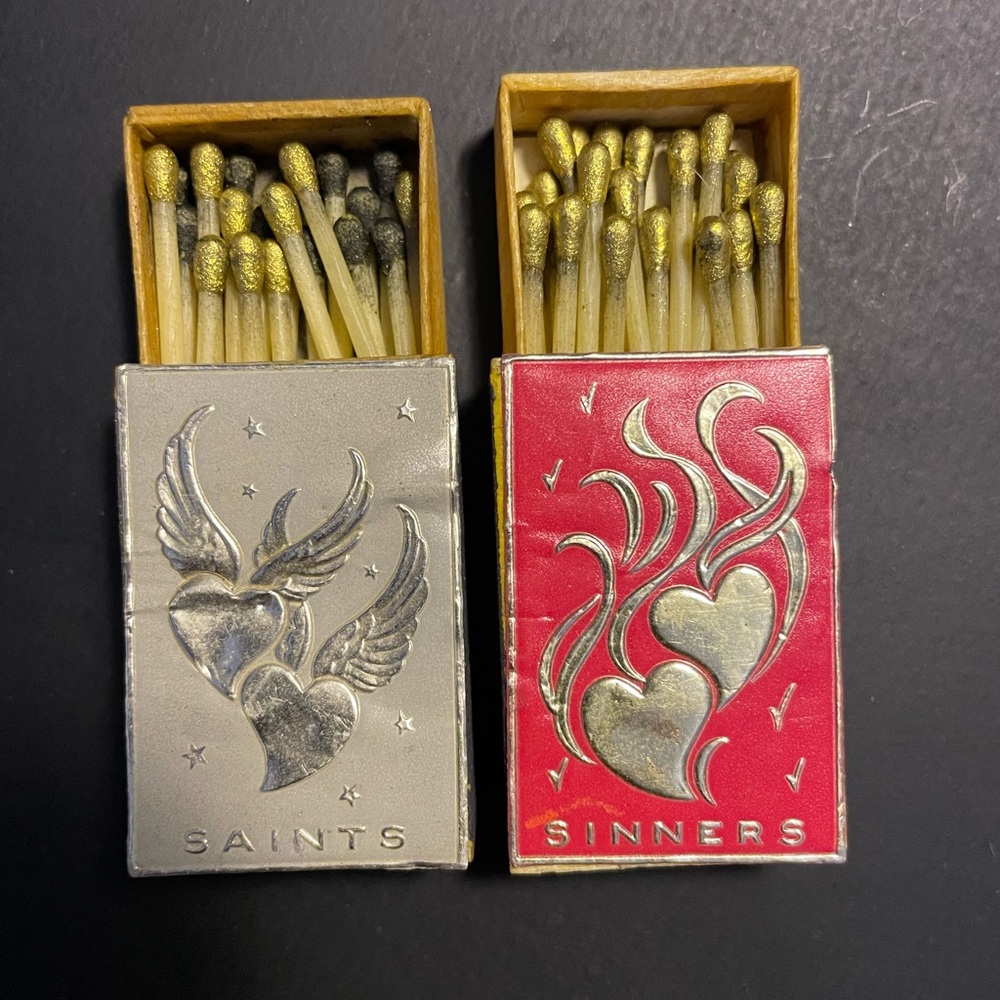 Vintage Saints & Sinners Wooden Wax Matchbox Set Rosenfeld Made In Italy